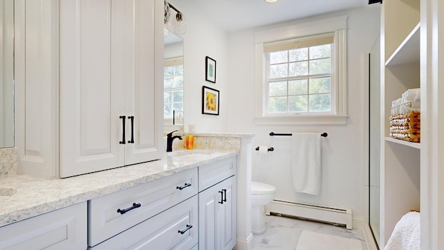 1 Daniels Way, Falmouth, ME 04105 - full bath with a baseboard radiator, vanity, and marble finish flooring