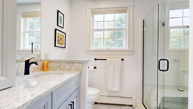 1 Daniels Way, Falmouth, ME 04105 - bathroom with a baseboard heating unit, vanity, and a shower stall