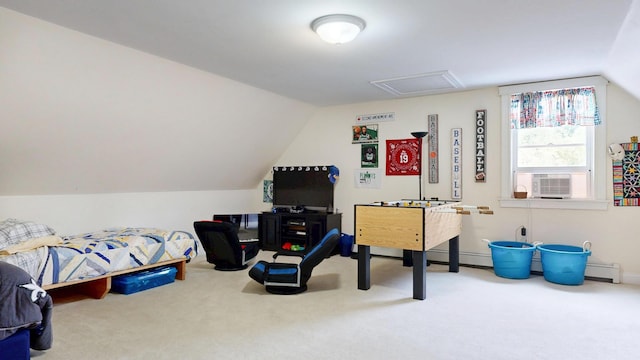 1 Daniels Way, Falmouth, ME 04105 - bedroom with cooling unit, vaulted ceiling, carpet floors, and a baseboard radiator