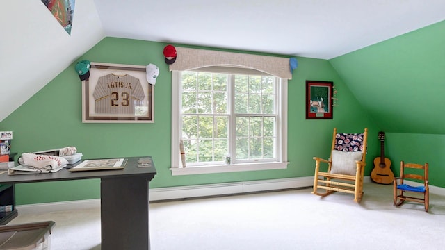 1 Daniels Way, Falmouth, ME 04105 - office featuring lofted ceiling, baseboard heating, carpet flooring, and plenty of natural light