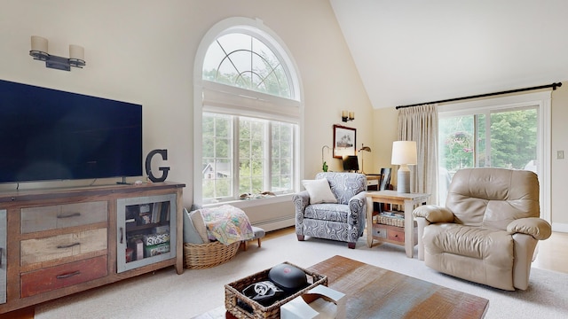 1 Daniels Way, Falmouth, ME 04105 - carpeted living room with high vaulted ceiling and a baseboard radiator
