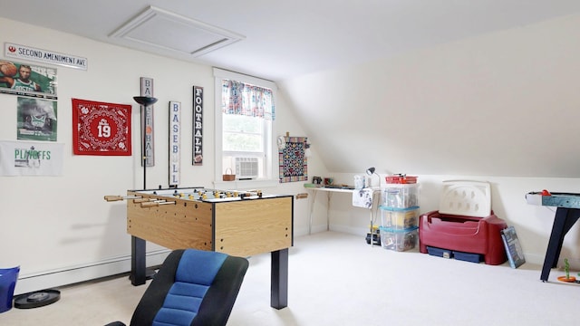 1 Daniels Way, Falmouth, ME 04105 - playroom featuring lofted ceiling, carpet, baseboard heating, and cooling unit