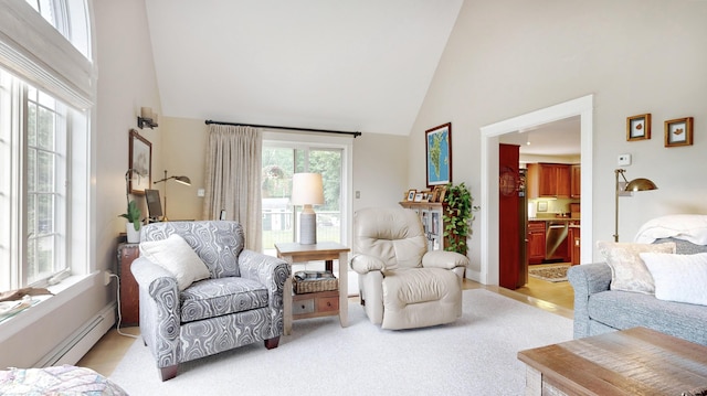 1 Daniels Way, Falmouth, ME 04105 - living area featuring high vaulted ceiling and a baseboard heating unit