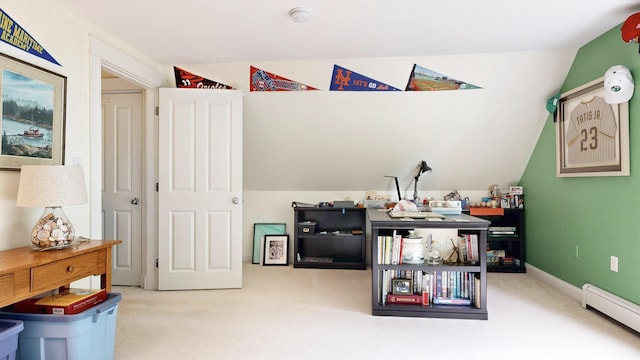 1 Daniels Way, Falmouth, ME 04105 - carpeted home office featuring a baseboard heating unit and lofted ceiling