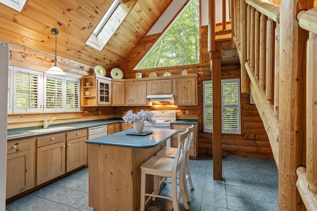 19 Fox Ln, Bremen, ME 04551 - kitchen featuring under cabinet range hood, a skylight, plenty of natural light, high vaulted ceiling, and wooden ceiling