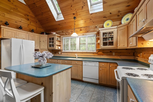 19 Fox Ln, Bremen, ME 04551 - kitchen featuring white appliances, open shelves, dark countertops, a skylight, and wood ceiling
