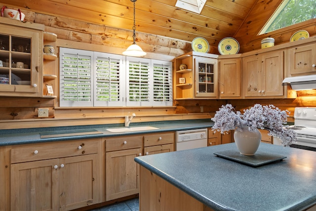 19 Fox Ln, Bremen, ME 04551 - kitchen with white appliances, open shelves, vaulted ceiling, light brown cabinetry, and dark countertops