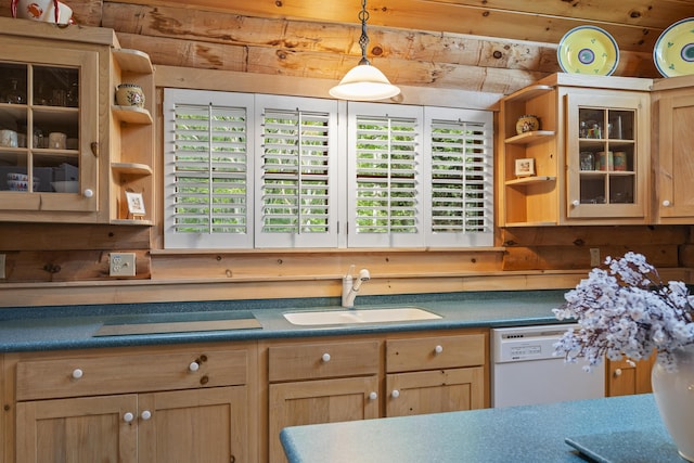 19 Fox Ln, Bremen, ME 04551 - kitchen featuring open shelves, white dishwasher, dark countertops, and light brown cabinetry