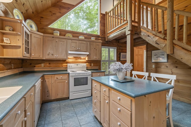 19 Fox Ln, Bremen, ME 04551 - kitchen with white appliances, high vaulted ceiling, under cabinet range hood, wood walls, and dark countertops