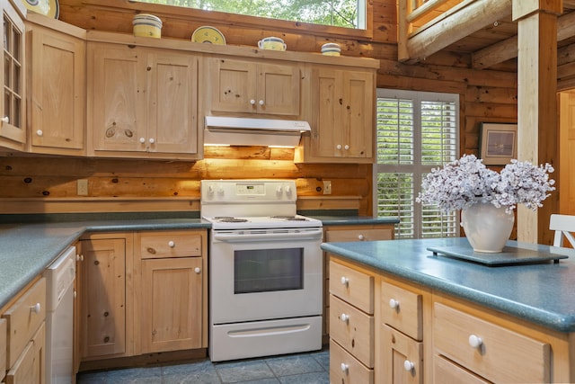19 Fox Ln, Bremen, ME 04551 - kitchen featuring white appliances, under cabinet range hood, light brown cabinets, dark countertops, and rustic walls