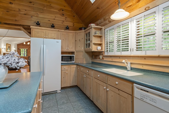 19 Fox Ln, Bremen, ME 04551 - kitchen with white appliances, lofted ceiling, wood ceiling, light brown cabinetry, and open shelves