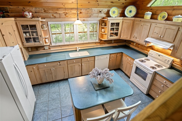 19 Fox Ln, Bremen, ME 04551 - kitchen with white appliances, open shelves, under cabinet range hood, dark countertops, and light brown cabinets