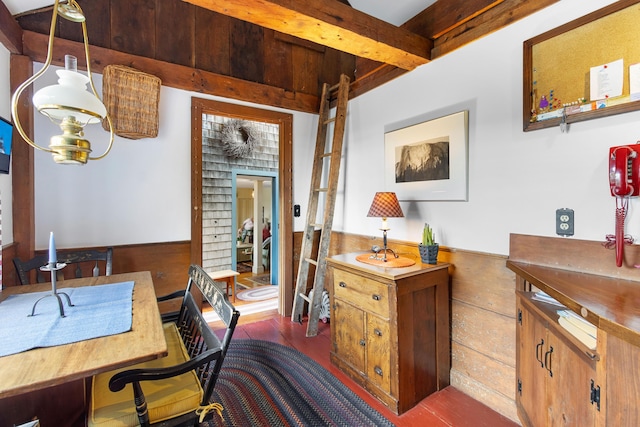 351 Mill Creek Rd, Islesboro, ME 04848 - office area featuring wainscoting, dark wood-type flooring, and beam ceiling