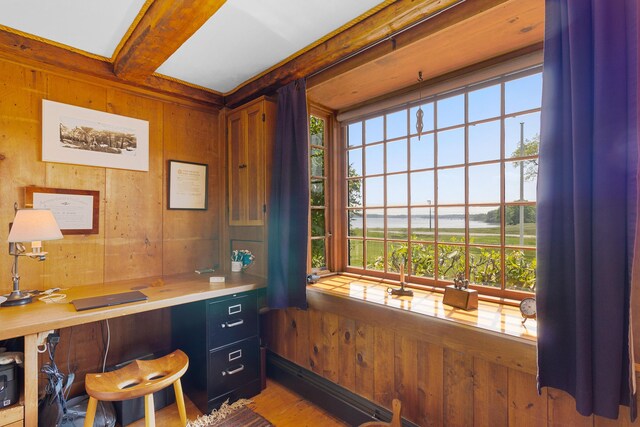 351 Mill Creek Rd, Islesboro, ME 04848 - home office with wooden walls and light wood-style floors