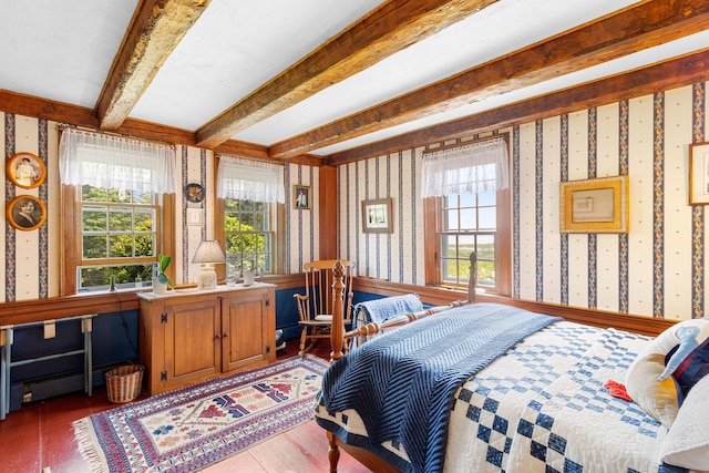 351 Mill Creek Rd, Islesboro, ME 04848 - bedroom featuring wallpapered walls, wood finished floors, and beamed ceiling