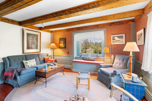 351 Mill Creek Rd, Islesboro, ME 04848 - living area with wallpapered walls, beamed ceiling, wood finished floors, a baseboard radiator, and a wainscoted wall