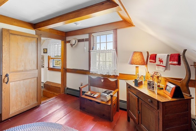 351 Mill Creek Rd, Islesboro, ME 04848 - home office with hardwood / wood-style floors, baseboard heating, and beam ceiling