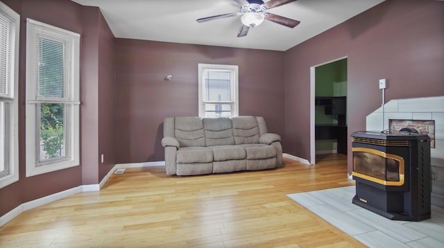 15 Goodwin St, Sanford, ME 04083 - living room featuring a wood stove, wood finished floors, and ceiling fan