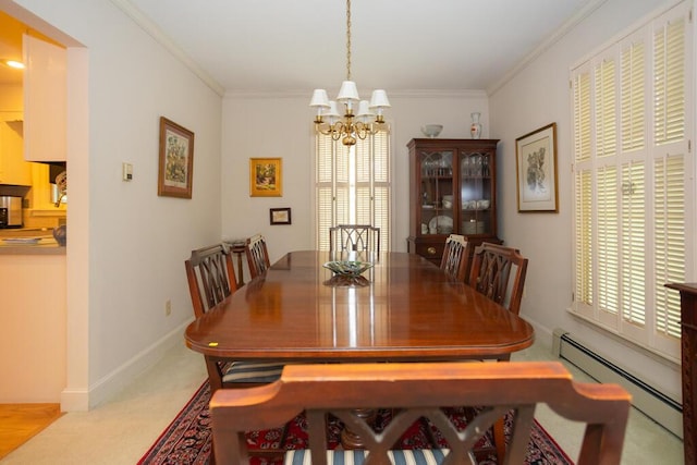 3 Fenderson Hill N, Wilton, ME 04294 - carpeted dining room featuring a baseboard radiator, a chandelier, healthy amount of natural light, and crown molding