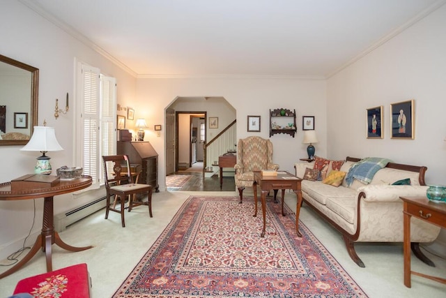 3 Fenderson Hill N, Wilton, ME 04294 - living area with baseboard heating, light carpet, crown molding, stairs, and arched walkways