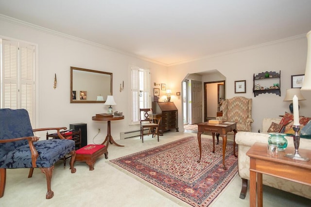3 Fenderson Hill N, Wilton, ME 04294 - carpeted living room featuring arched walkways, crown molding, and a baseboard heating unit