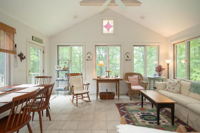 3 Fenderson Hill N, Wilton, ME 04294 - living area with a ceiling fan, high vaulted ceiling, and light tile patterned flooring