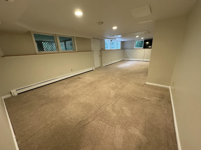 53 Pennacook Cir, Wells, ME 04090 - below grade area featuring baseboard heating, light colored carpet, and recessed lighting