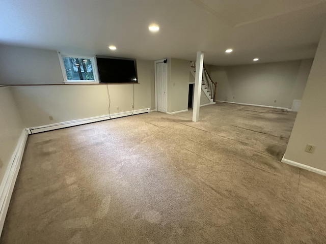 53 Pennacook Cir, Wells, ME 04090 - below grade area with a baseboard radiator, light carpet, recessed lighting, stairs, and baseboard heating