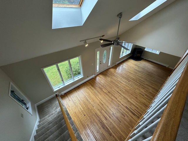 53 Pennacook Cir, Wells, ME 04090 - detailed view of a skylight, wood finished floors, ceiling fan, and track lighting