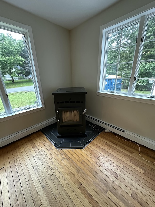 53 Pennacook Cir, Wells, ME 04090 - detailed view of a wood stove, wood finished floors, and a baseboard heating unit