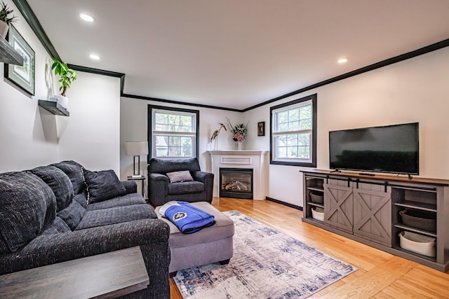 51 Burwell Ave, South Portland, ME 04106 - living area with crown molding, plenty of natural light, a glass covered fireplace, wood finished floors, and recessed lighting