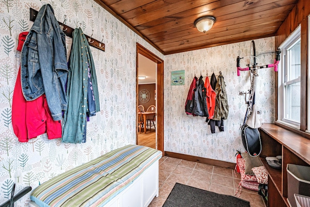 51 Burwell Ave, South Portland, ME 04106 - mudroom with wallpapered walls, wooden ceiling, and tile patterned floors