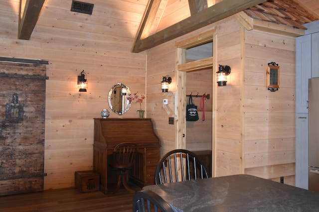 107 Shady Ln, Newport, ME 04953 - dining area featuring wood walls, wood finished floors, and wood ceiling
