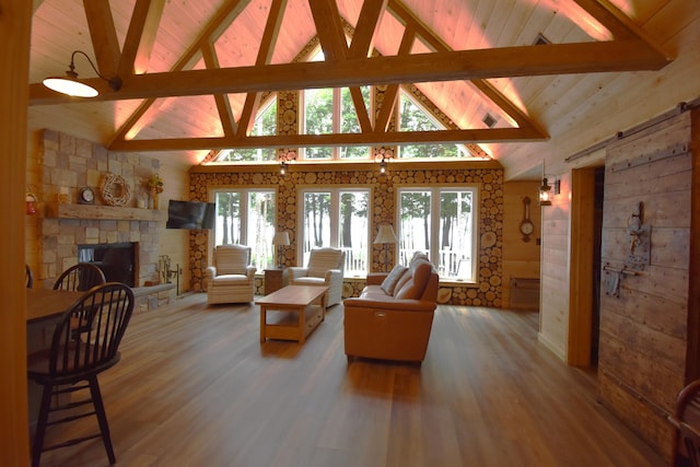 107 Shady Ln, Newport, ME 04953 - living area with a fireplace, healthy amount of natural light, wood finished floors, wood ceiling, and wooden walls