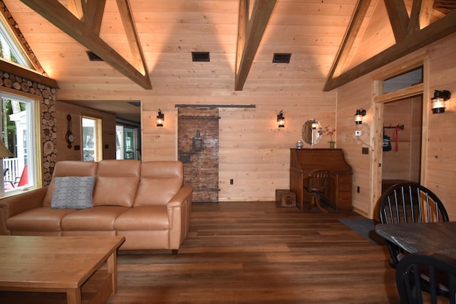 107 Shady Ln, Newport, ME 04953 - living room featuring wooden walls, dark wood-style flooring, a wood ceiling with exposed beams, and high vaulted ceiling