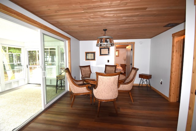 107 Shady Ln, Newport, ME 04953 - dining room with wood finished floors, a chandelier, and wood ceiling