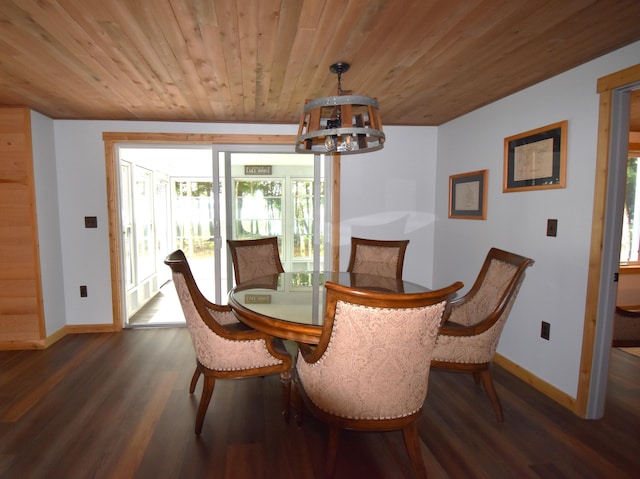 107 Shady Ln, Newport, ME 04953 - dining room with a chandelier, wooden ceiling, and dark wood-type flooring