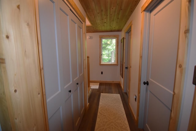 107 Shady Ln, Newport, ME 04953 - hallway featuring wooden ceiling and dark wood-style floors