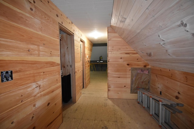 107 Shady Ln, Newport, ME 04953 - hallway featuring wood walls, lofted ceiling, and wooden ceiling