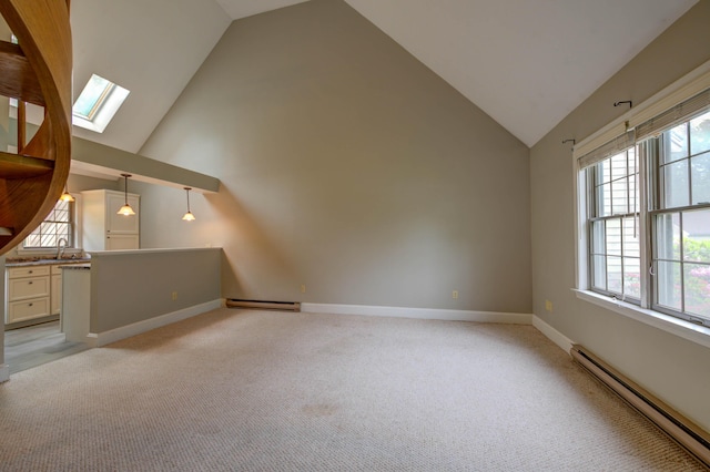 4 Cheshire Meadows Ln Unit 4, Kennebunk, ME 04043 - additional living space with a baseboard heating unit, a skylight, vaulted ceiling, and light carpet