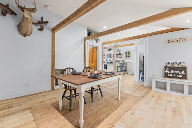 665 Hendricks Hill Rd, Southport, ME 04576 - dining space featuring beamed ceiling, light wood-type flooring, and recessed lighting