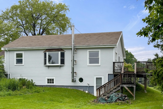 94 Depot St, Waldoboro, ME 04572 - rear view of property featuring a wooden deck, a yard, stairs, and a shingled roof