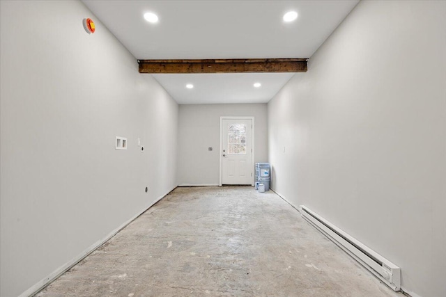 184 Jackson Rd, Waldoboro, ME 04572 - empty room featuring a baseboard radiator, recessed lighting, beam ceiling, and unfinished concrete flooring