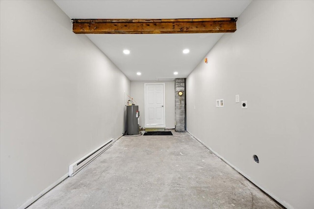 184 Jackson Rd, Waldoboro, ME 04572 - hallway featuring baseboard heating, water heater, beamed ceiling, recessed lighting, and unfinished concrete floors