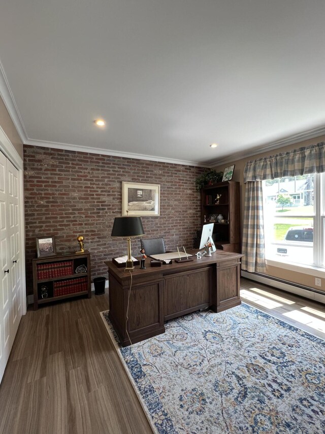 72 Cedar St, Calais, ME 04619 - home office featuring wood finished floors, brick wall, crown molding, and baseboard heating