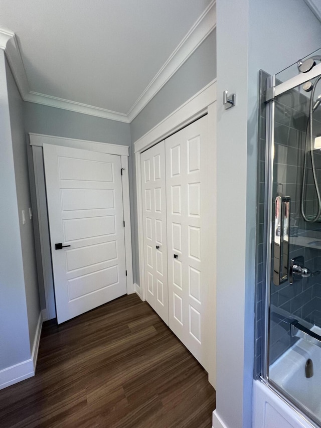 72 Cedar St, Calais, ME 04619 - hall with dark wood-style floors and ornamental molding
