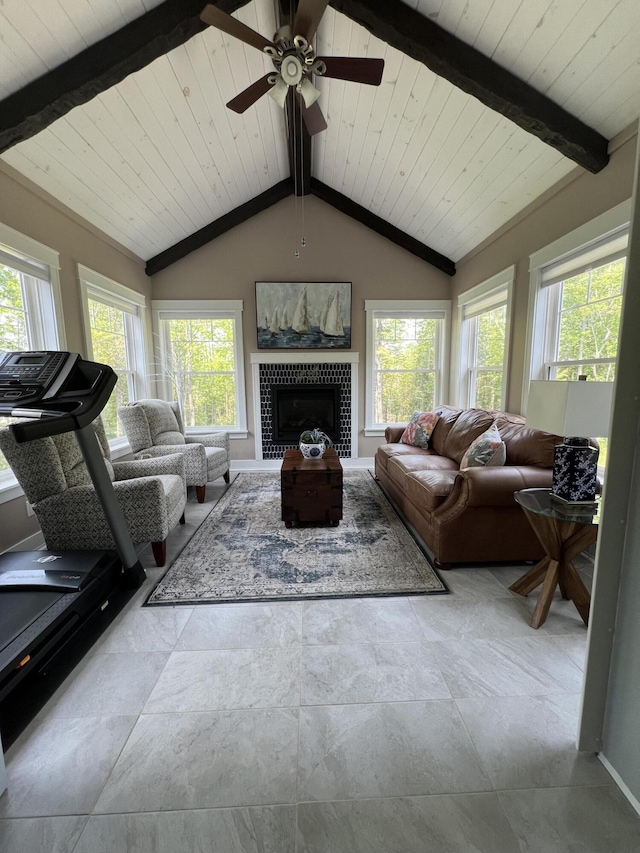 72 Cedar St, Calais, ME 04619 - living area featuring plenty of natural light, wooden ceiling, ceiling fan, and a tile fireplace
