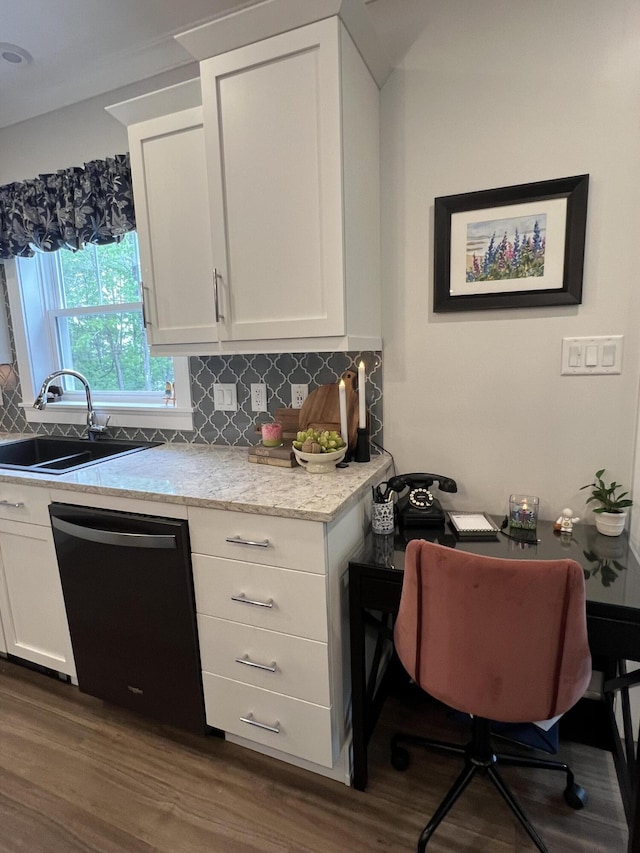 72 Cedar St, Calais, ME 04619 - kitchen featuring dishwashing machine, white cabinetry, tasteful backsplash, and dark wood-style floors