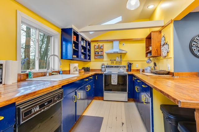 30 Troy Rd, Burnham, ME 04922 - kitchen featuring white electric range, open shelves, dishwasher, butcher block countertops, and vaulted ceiling