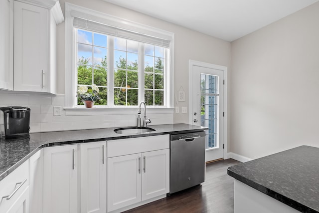 30 Pepperell Way Unit 58, Arundel, ME 04046 - kitchen with stainless steel dishwasher, dark wood-style flooring, decorative backsplash, and white cabinets